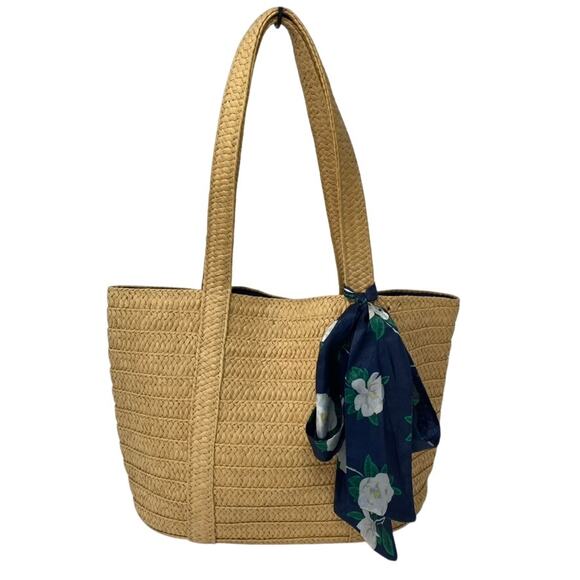Draper James Straw Everyday Shoulder Bag Tote with Floral Twilly Scarf - Picture 1 of 10